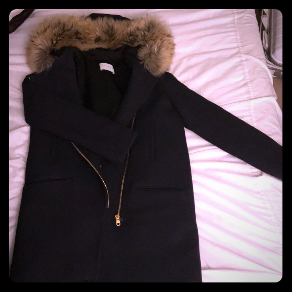 Sandro navy wool coat with real fur trimmed hood